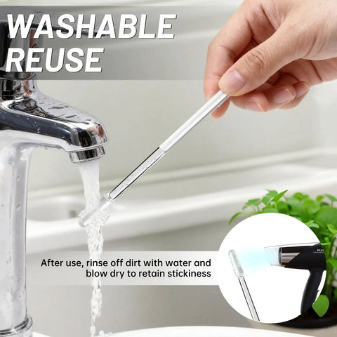 Hand rinsing Sticky Ear Wax Remover Sticks For Gentle Cleanout Reusable Ear Picks Kit next to faucet