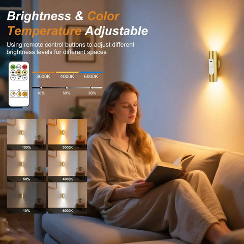Rechargeable Battery Operated Wall Sconce Set of 2 With Remote Control illuminated in living room beside person reading a book