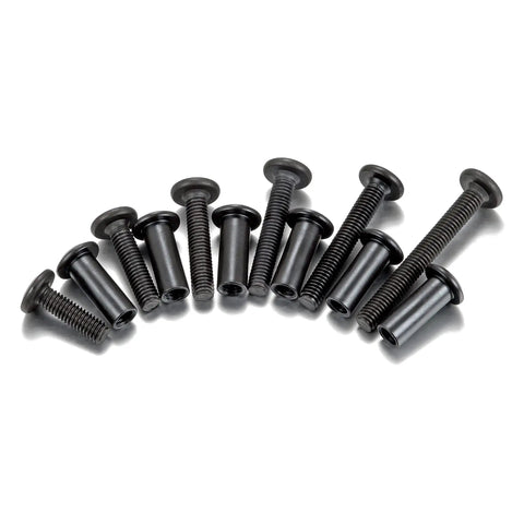 Built Different Black M6 Furniture Connector Bolts Assortment Kit featuring black screws of varying lengths arranged in a curve.
