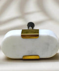 Close-up of Oval Stone and Brass Knob Set for Drawers and Cabinets 1.5 inch natural stone with gold brass mount.