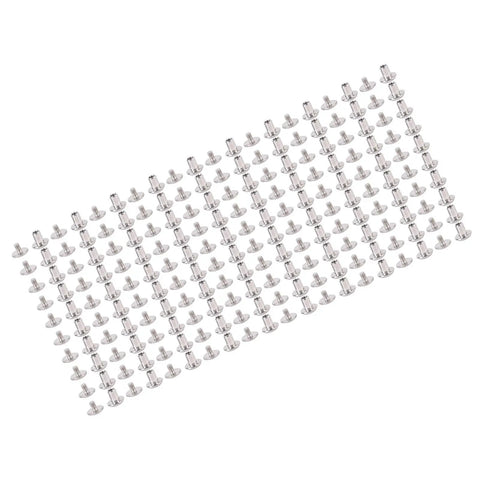 All In One 200 Piece Stainless Steel Rivet And Screw Fastener Kit For Leather Crafts Flat Head Rivets And Screws For DIY Repairs And Decoration Great For Belts, Bags, Wallets And Everyday DIY Projects. stainless steel rivet and screw set arranged on white