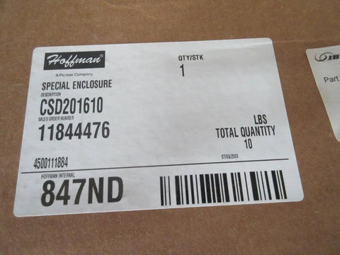 Label on packaging for Black 20x16x10 Industrial Control Panel Enclosure NEMA 4 and 12, showing order and quantity details.