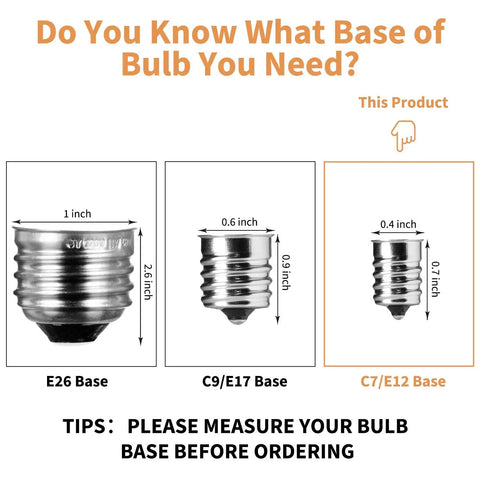 Comparison of E26, C9/E17, and C7/E12 bulb bases, highlighting the G40 Globe Bulbs 5W E12 Screw Base for string lights.