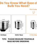 Illustration comparing E26, E17, and E12 bulb bases with sizes for 25 Pack Edison Style Replacement Light Bulbs 7-Watt E12 Candelabra Base ST40 Clear Glass Warm White 2300K Ideal For Outdoor Patio String Lights Waterproof And Rust Resistant.