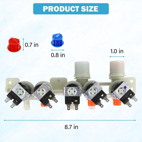 Washer Water Inlet Valve Replacement With Easy Install And Durable Build, dimensions labeled, includes four valves