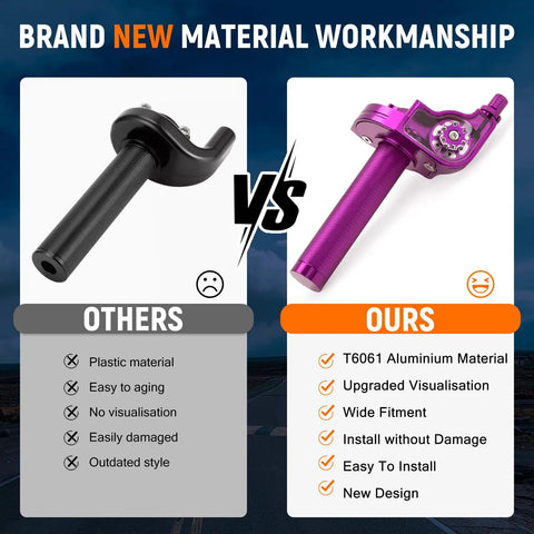 Comparison of black plastic throttle vs purple T6061 CNC Universal 7/8 Inch Quick Action Twist Throttle Kit for Dirt Bikes.