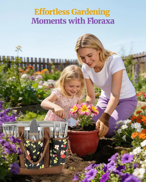 10-Piece Garden Tool Set With Pro-Grade Stainless Steel Rust-Proof Tools in use with mother and daughter planting flowers