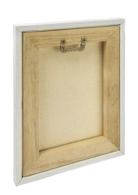 Back view of a wooden canvas frame showing 20 Lb Canvas Flat Mount Sawtooth Hangers 50 Pack Self Leveling Picture Hanging Hardware.