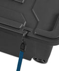 Close-up of black Beefy 40 Gallon Storage Bin On Wheels With Locking Lid Resin Plastic Toolbox featuring corner design and strap