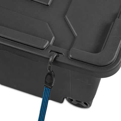Close-up of black Beefy 40 Gallon Storage Bin On Wheels With Locking Lid Resin Plastic Toolbox featuring corner design and strap