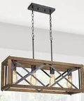 Rustic Farmhouse 4 Light Chandelier For Dining Room And Kitchen Island, Rectangular Wood Frame With Open Cage Design
