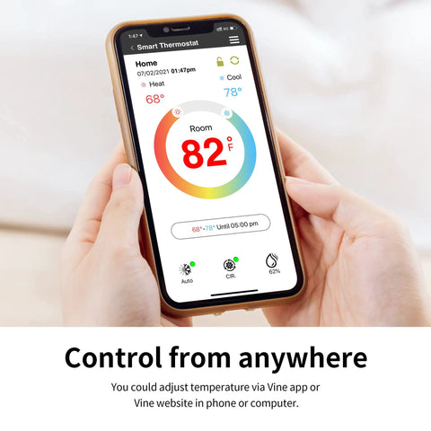 Smart Wi Fi Thermostat With 7 Day Scheduling And 8 Period Programmable Fifth Generation Works With Alexa And Google Assistant App Control on phone screen