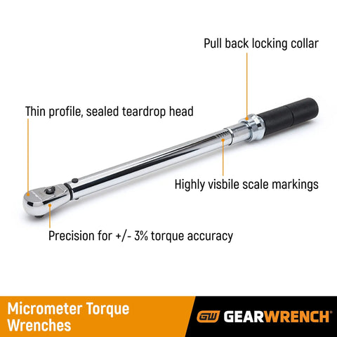 Three Eighths Inch Drive Flex Head Micrometer Torque Wrench With Five To Seventy Five Foot Pounds Range And Thirty Degree Flex For Tight Spaces Plus Or Minus Three Percent CW Torque Accuracy Model 85086M showing details like pull back locking collar and scale markings.