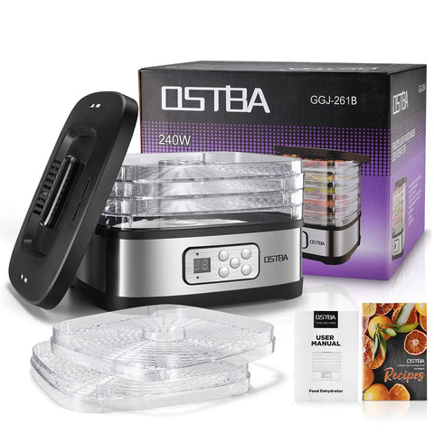 Top Shelf 5 Tray Electric Food Dehydrator Boasting A Slick Digital Led Touchscreen And Intuitive Temp Timer To Easily Whip Up Savory Beef Jerky Crispy Dried Fruit And Fresh Batch Snacks No Sweat Today, showing the unit and clear trays.