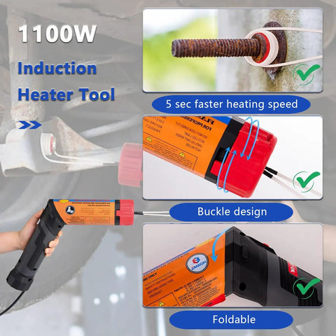 Pro 1100 Watt Induction Bolt Heater Set Features Eight Swappable Coils Plus Rigid Transport Bin For Kicking Rusty Nuts Loose Without Frying Delicate Wiring Or Rubber Gaskets So Your Shop Jobs Roll Out With Zero Sweat And Quick Completion. Image showing 1100W induction heater tool with a foldable design and fast heating speed.