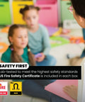 Teacher with children emphasizing safety standards for classroom products, highlighting fire safety certification.