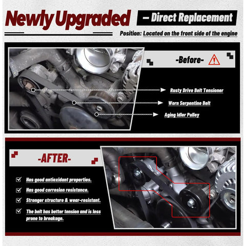 Drive Belt Tensioner And Serpentine Belt Kit With Idler Pulley For Silverado Tahoe Avalanche Yukon Sierra Hummer H2 H3 2009 2013 V8 Engines 4.8L 5.3L 6.0L 6.2L Beefy Replacement Easy Install, showing before and after installation comparison on engine.