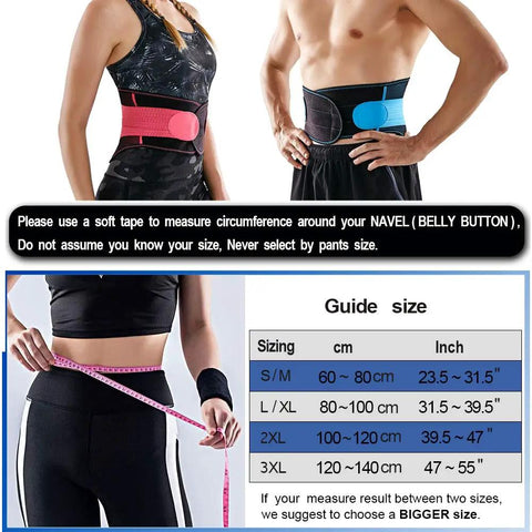 Slip On This Breathable Lumbar Support Belt To Lock Firm Compression And Fast Lower Back Pain Relief While Quieting Sciatica Kinks So You Can Crush Your Daily Grind Without Skipping Steps, showing sizing guide and fit.