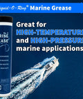 Multi Purpose Marine Grease For Boat Trailers U Joints And Lower Units NLGI Grade 2 Saltwater Resistant High Temperature Heavy Duty Performance Made In The USA 14 Oz Cartridge with image of a boat on water.