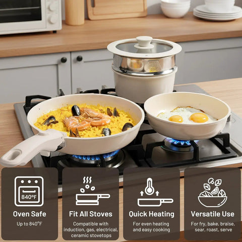 Cooking paella and eggs in a Nonstick Ceramic Pots And Pans Set With Detachable Handles on gas stove, induction ready