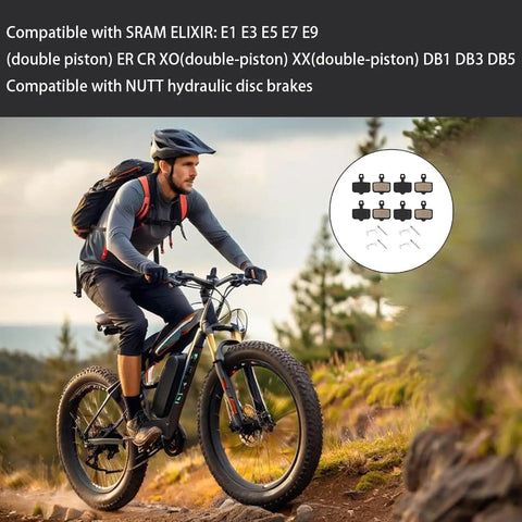 Mountain biker with 4 Pack Semi Metallic MTB Disc Brake Pads For Hydraulic Brakes Compatible With Elixir E1 E3 E5 E7 E9 And XO XX DB Series