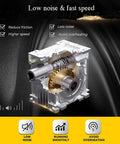 NMRV040 30:1 worm gearbox for NEMA34 motors showing low noise and smooth operation features.
