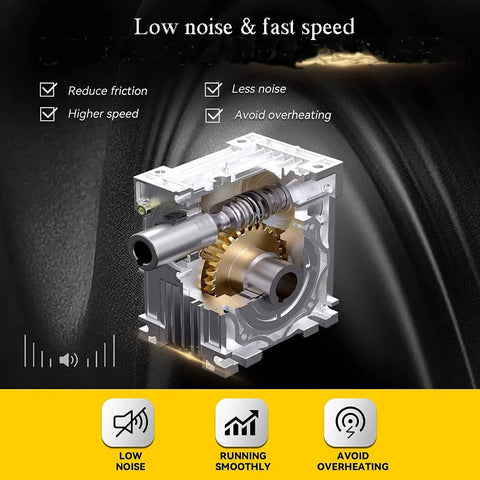 NMRV040 30:1 worm gearbox for NEMA34 motors showing low noise and smooth operation features.