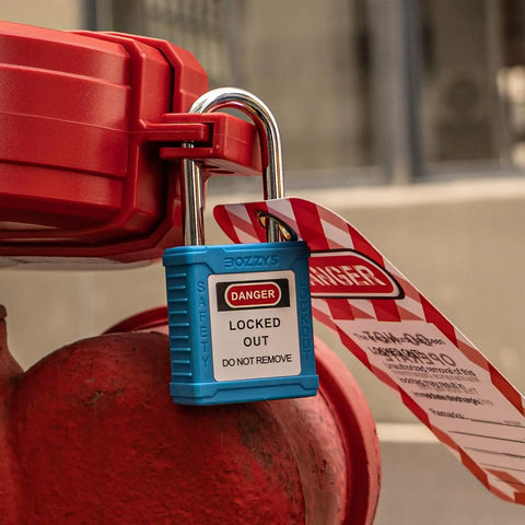 Lockout Tagout Locks 12 Pack Keyed Alike OSHA Blue Loto Locks on industrial machinery with chrome steel shackle in use