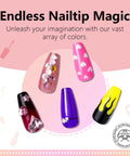 Colorful nail designs using Gel Polish Kit With Base And Top Gels 112 Piece Set Featuring 108 Vibrant Colors For All Seasons Long Lasting DIY Manicure.