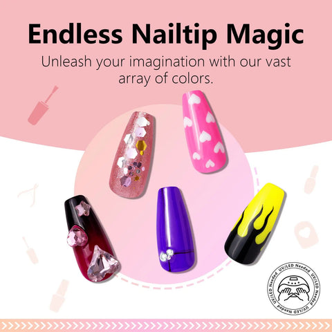 Colorful nail designs using Gel Polish Kit With Base And Top Gels 112 Piece Set Featuring 108 Vibrant Colors For All Seasons Long Lasting DIY Manicure.
