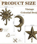 Three Pack Vintage Cast Iron Wall Hooks In Dark Gold Antique Finish Featuring Sun Moon Star Celestial Shapes With Included Screws dimensions.