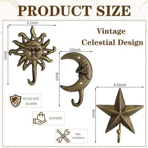 Three Pack Vintage Cast Iron Wall Hooks In Dark Gold Antique Finish Featuring Sun Moon Star Celestial Shapes With Included Screws dimensions.