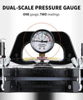 Front view of a stainless steel 18L portable steam autoclave with a dual-scale pressure gauge