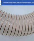 Close-up of Heavy Duty Flexible Vacuum Hose Extension With Secure Clamps Puncture Resistant Polyurethane Ducting, showcasing embedded copper plated steel wire.