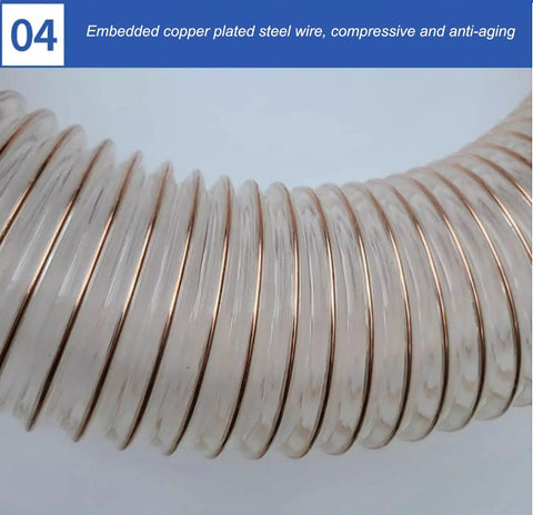 Close-up of Heavy Duty Flexible Vacuum Hose Extension With Secure Clamps Puncture Resistant Polyurethane Ducting, showcasing embedded copper plated steel wire.