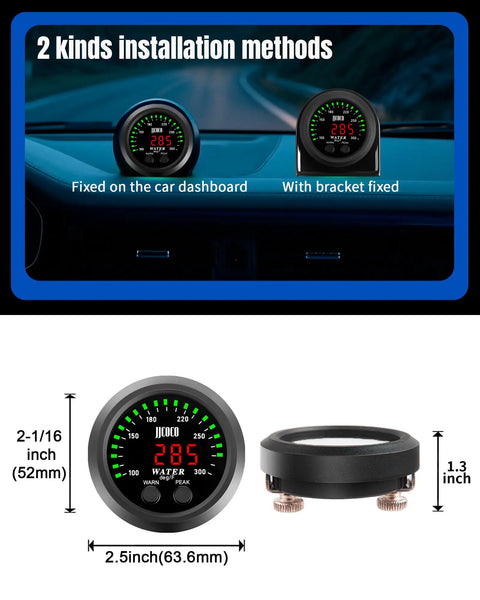 Dual Alert Water Temperature Gauge With 1 Eighth NPT Sensor And Bracket 300F Digital LED Display For Cars Trucks Boats And Marine Applications 52mm 2 Inch Mount Real Time Cooling Temp Monitor For Your Ride, 52mm gauge size and bracket view