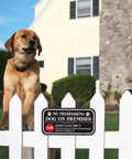 Badass Yard Setup 12 X 6 Inch No Trespassing Dog On Premises Sign 2 Pack Heavy Aluminum Fence Lockdown Plaque on white fence with dog