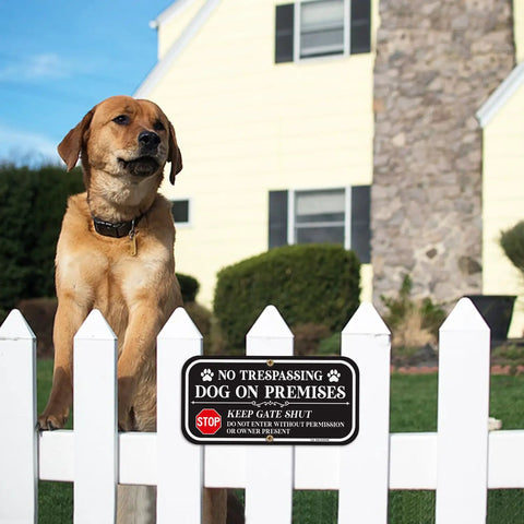 Badass Yard Setup 12 X 6 Inch No Trespassing Dog On Premises Sign 2 Pack Heavy Aluminum Fence Lockdown Plaque on white fence with dog