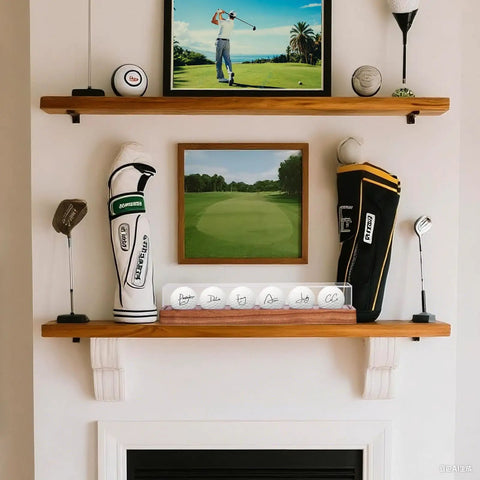 Crystal Clear UV Protected Golf Ball Display Case For Six Balls Must Have Dustproof Display Box Solid Wood Desktop Golf Decor neatly displayed on a shelf with golf memorabilia.