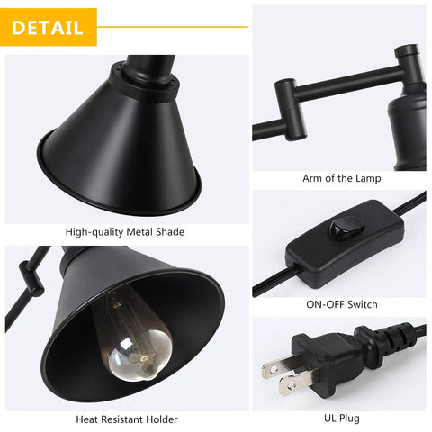 Black Plug In Wall Lamps Two Pack With Swing Arm Range 270 Degree Adjustment And 180 Degree Base On Off Switch Wall Sconces