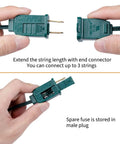Hand demonstrating plug connection for Lit Outdoor 50 Feet LED Globe String Lights With 25 Bulbs Energy Saving Waterproof Hanging Lights.