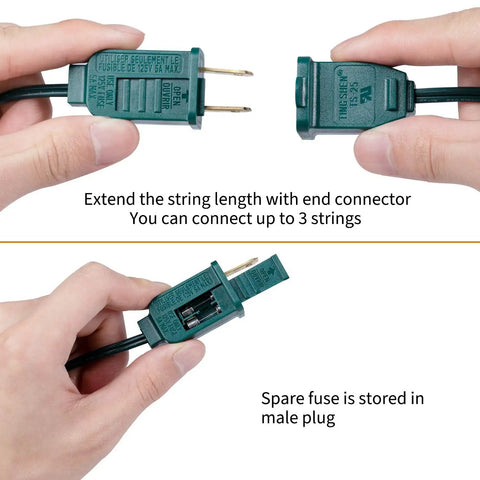 Hand demonstrating plug connection for Lit Outdoor 50 Feet LED Globe String Lights With 25 Bulbs Energy Saving Waterproof Hanging Lights.