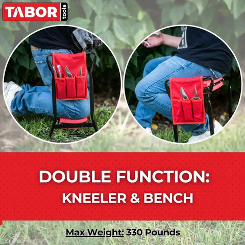 Person using All In One Garden Kneeler And Seat Bench With Tool Bag Pouch and Foam Pad Cushion, portable for kneeling or sitting.