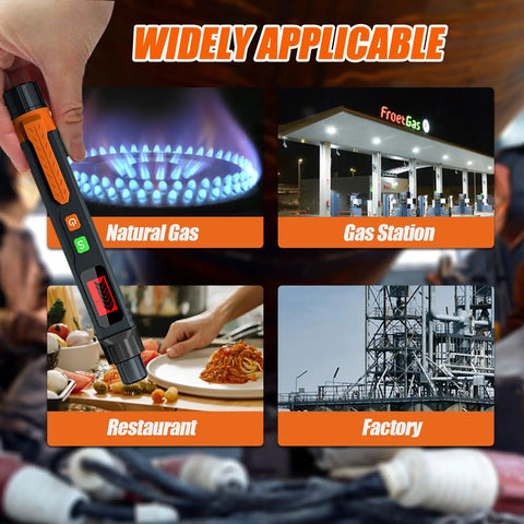 Lock Down Your Space With This Straight Up Reliable Natural Gas Detector That Catches Combustible Leaks Early Using Loud Audible And Visual Alarms For Absolute Home Safety, showing various applications including natural gas, restaurants, gas stations, and factories.