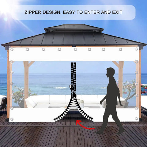 Badass Heavy Duty Clear Vinyl Curtains Featuring Solid Zipper And Steel Grommets For Pergolas And Gazebos Waterproof White Transparent Rain Side Panels Game Changing Tarpaulin 5X7 Feet with a zipper entry design.