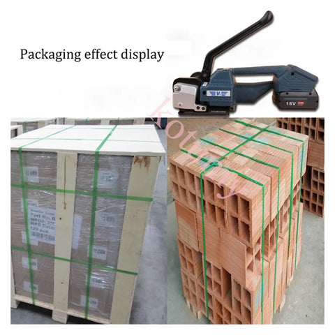 Portable Electric Strapping Machine With Two Batteries For PP PET Band Belt Packing Tools secures pallets with green straps.
