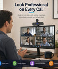 User on video call with Straight Up Crisp 4K Autofocus USB Webcam For PC With Dual Mics, ideal for meetings.
