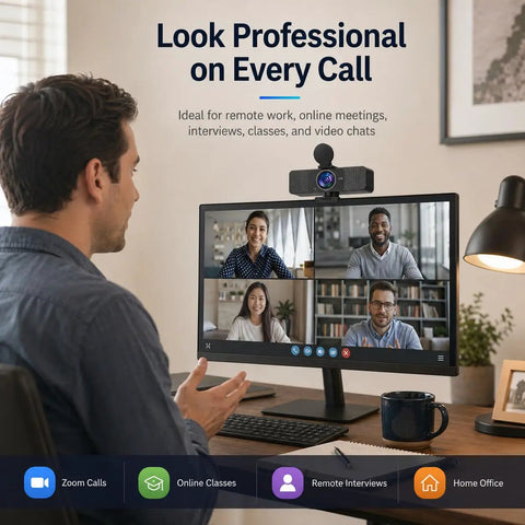 User on video call with Straight Up Crisp 4K Autofocus USB Webcam For PC With Dual Mics, ideal for meetings.