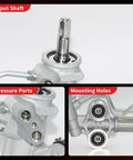 Hydraulic Power Steering Rack And Pinion Assembly For Chevy Silverado 1500 And GMC Sierra 1500 2007 To 2013 Direct Fit New Unit Ref 22 1036 Does Not Fit Hybrid showing input shaft, pressure ports, and mounting holes.