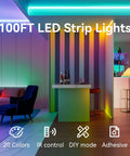 Ultra Long 100 Ft Color Changing LED Strip Lights For Bedroom illuminating a modern living room with vivid colors